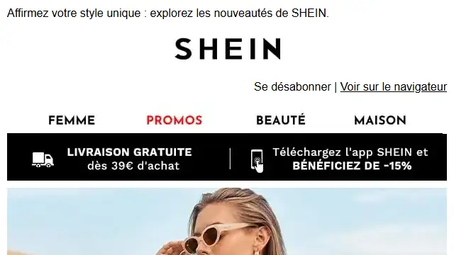 Newsletter de Shein : À partir de 1,05€ !newslettermuse Venez choisir les produits qui vous plaisent !