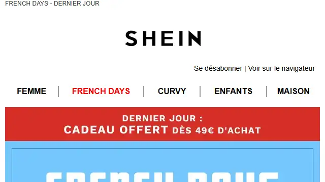 Newsletter de Shein : Le dernier jour – Jusqu&rsquo;à -50%💓