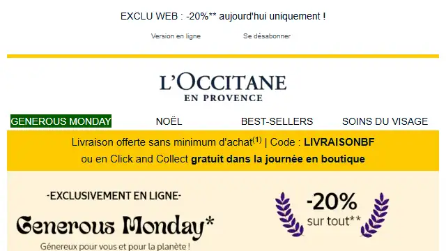 Newsletter de L'Occitane : Generous Monday ! Les -20% continuent…