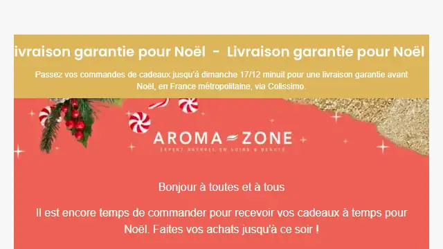 Newsletter de Aroma Zone : Dernier jour pour une livraison avant Noël