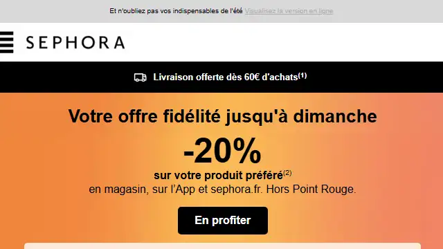 Newsletter de Sephora : -20% sur votre produit coup de 💛