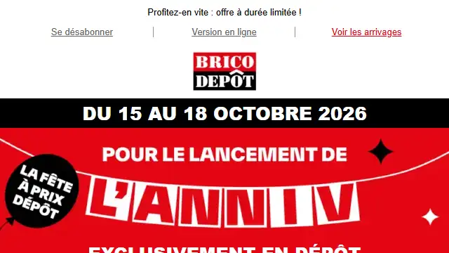 Newsletter de Bricodépôt : 📢Jusqu&rsquo;au 18 octobre: 10% offerts dès 100€ d&rsquo;achat