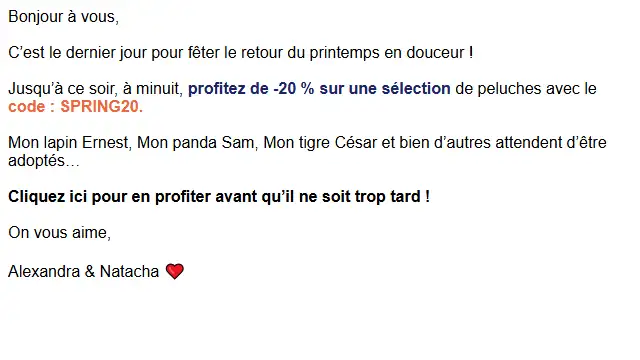 Newsletter de La pelucherie : L’offre se termine ce soir 🧸
