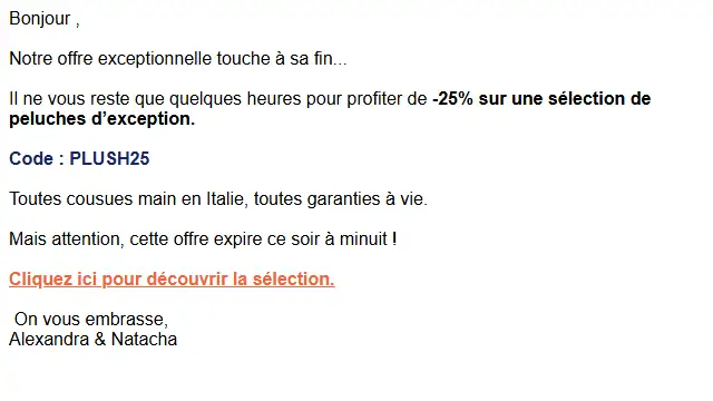 Newsletter de La pelucherie : [Plush Friday] L&rsquo;offre se termine ce soir à minuit