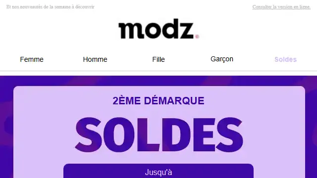 Newsletter de Modz : Nouvelle démarque en ligne dès aujourd’hui jusqu&rsquo;à -65%