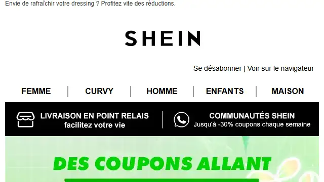 Newsletter de Shein : Jusqu&rsquo;à -30% et d&rsquo;autres surprises vous attendent chaque semaine ! Rejoignez vite nos communautés !