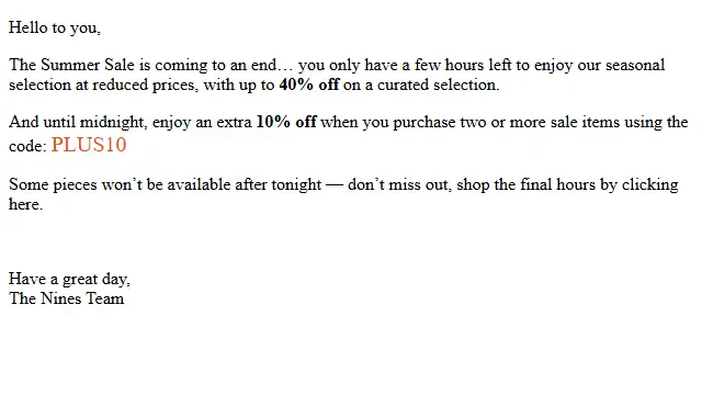 Newsletter de The nines : Sale ends tonight