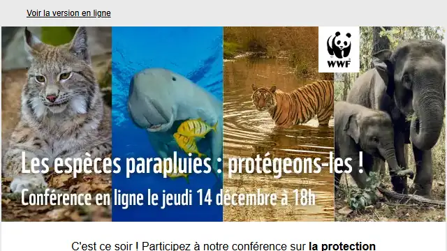 Newsletter de WWF : Conférence en ligne sur les espèces parapluies ce soir !