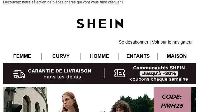 Newsletter de Shein : -25% en plus dès 49€ d&rsquo;achats ! Craquez pour notre collection dès 4,99€ !